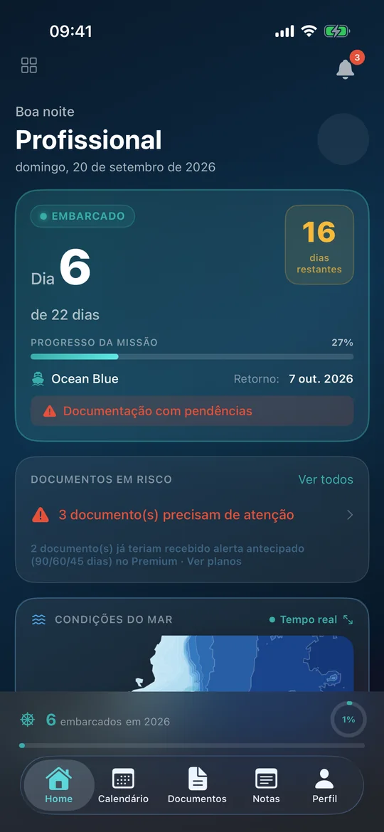 Início: dia 6 de 22 embarcado, documentos em risco e condições do mar