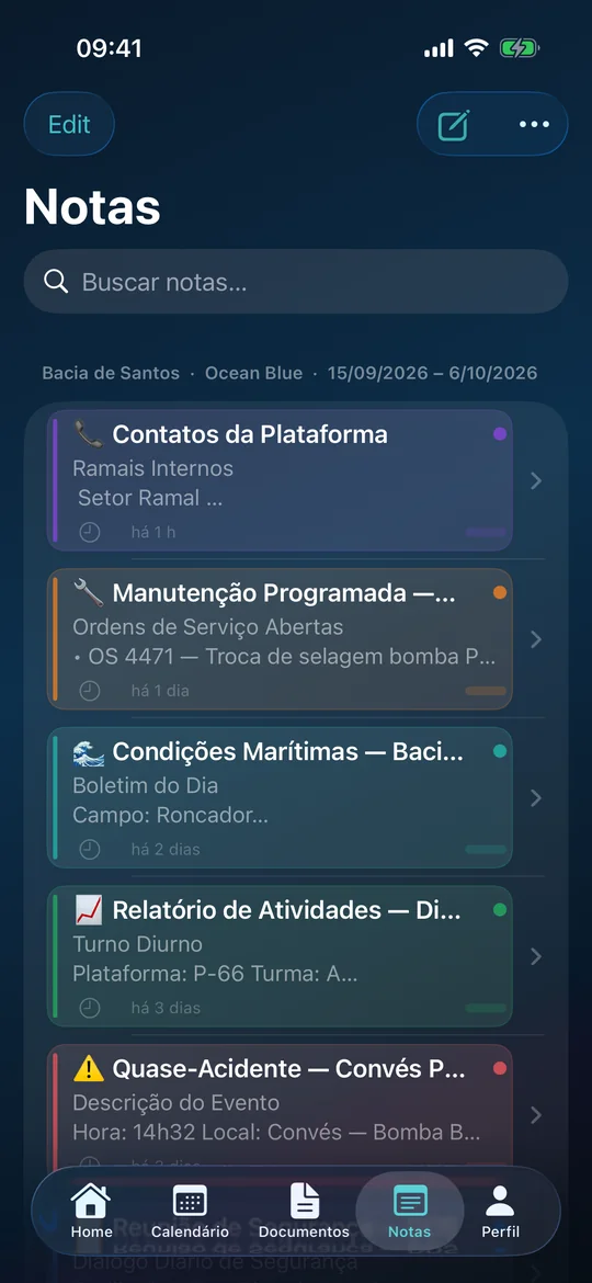 Notas agrupadas por embarque e bacia, com cores e resumo